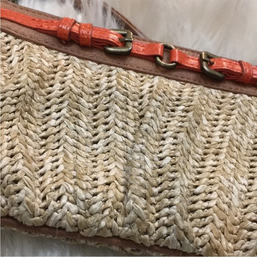 Express Women’s Woven Straw Wrislet Orange Brown Buckle Detail Summer Clutch